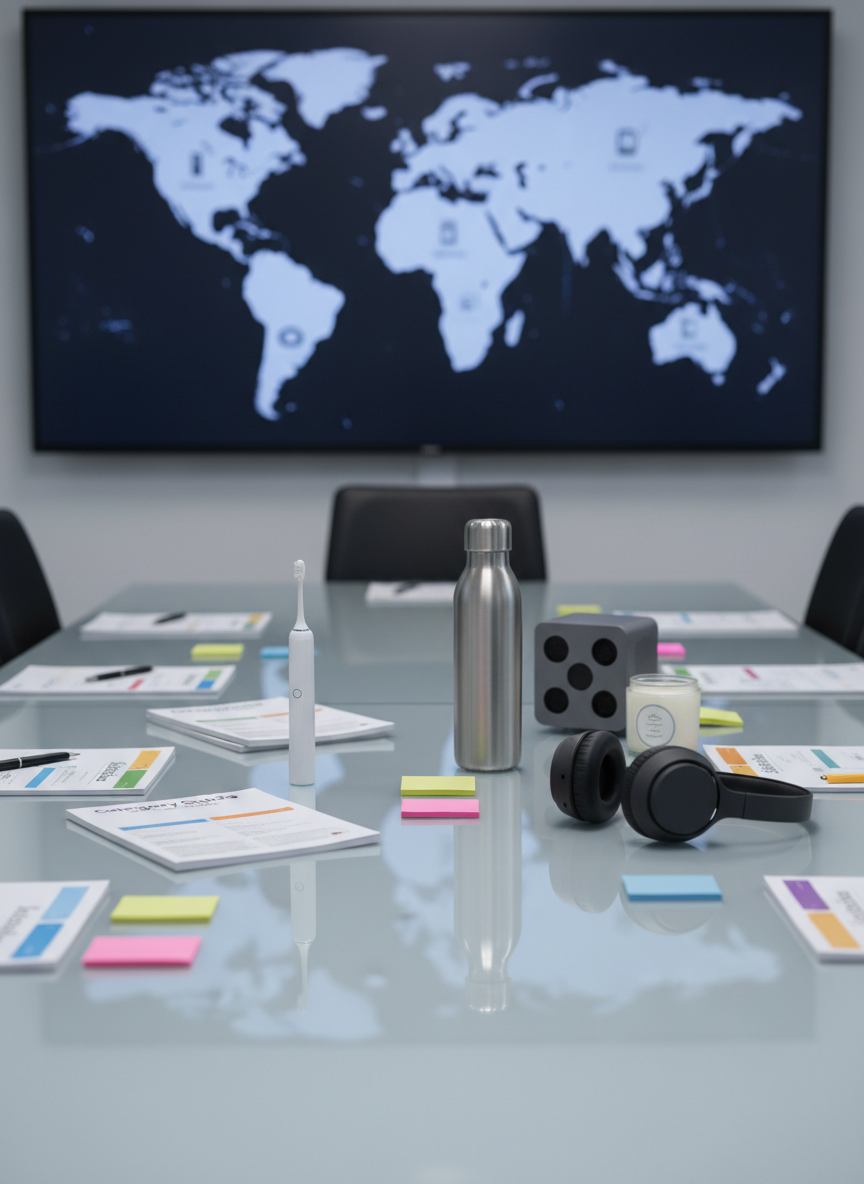A modern, glass-topped conference table arranged for a global product strategy session, without any chairs or people, only objects. On the table lie neatly stacked printed category guides with clean infographics, color-coded sticky note stacks, and a spread of representative products: a smart toothbrush with a glossy white finish, a stainless steel insulated bottle, a compact air purifier with perforated sides, a pair of over-ear headphones in matte charcoal and a small aromatherapy candle in opaque glass. In the background, a large wall-mounted screen displays a blurred world map with product icons placed over continents. Cool, balanced studio lighting with subtle highlights on the glass surface creates a professional, forward-looking mood. Captured at an eye-level, three-quarter view, the composition emphasizes clarity, planning and global product insight.