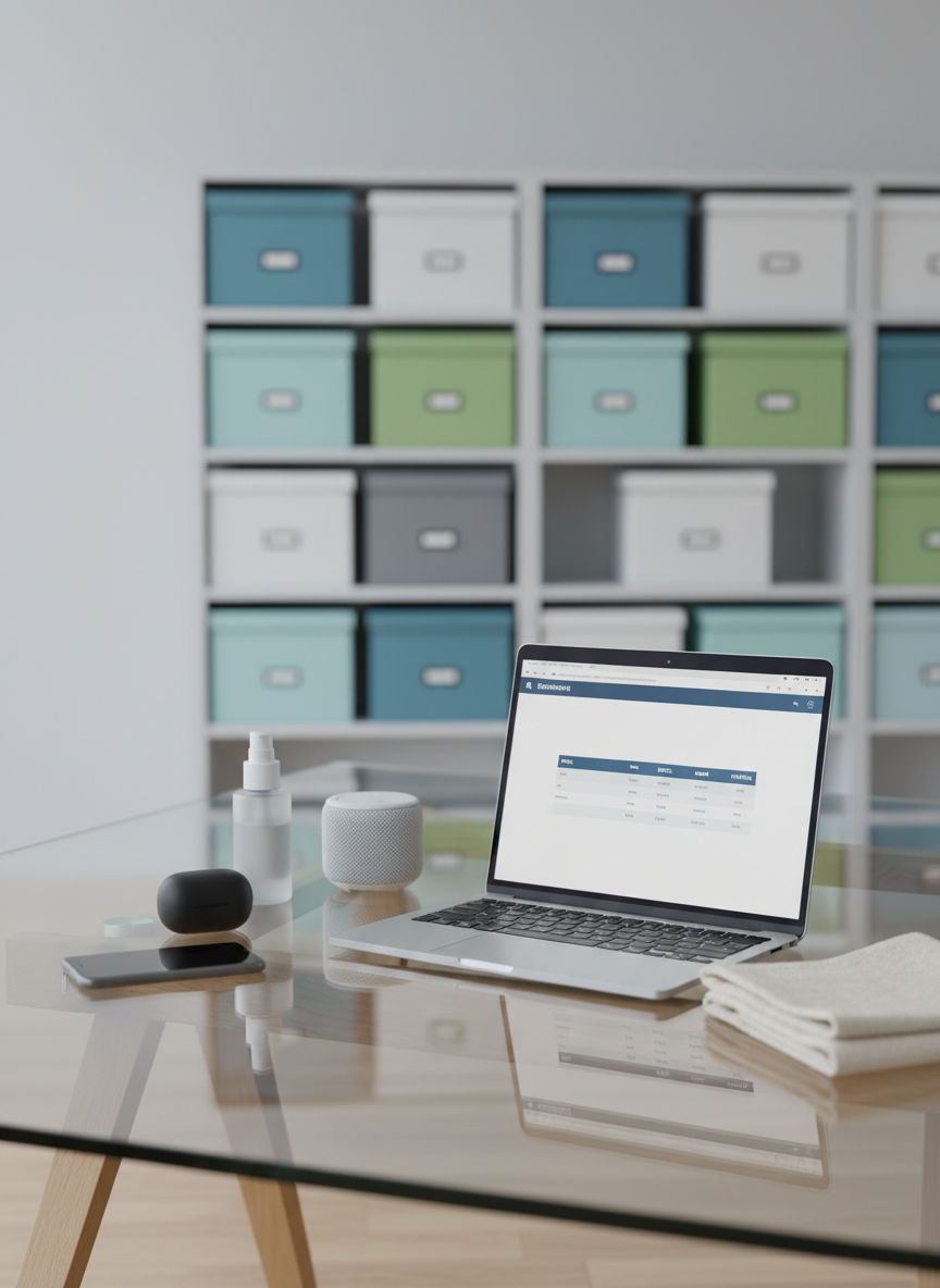 A sleek, glass-topped workspace curated for product research, featuring an open laptop screen displaying a clean product comparison table with columns for price, specs and ratings. Around it lie neatly arranged objects from different categories: a brushed aluminum smartphone, a matte black wireless earbud case, a frosted glass skincare bottle, a compact smart speaker and a folded organic cotton towel. The scene sits in a bright, modern office with pale gray walls and a light oak desk. Soft studio lighting mimics diffused daylight, casting gentle, crisp shadows. Shot from a slightly elevated, three-quarter angle with photographic realism and shallow depth of field, the focus is on the central cluster of products, while a blurred bookshelf of color-coded boxes creates a calm, professional, data-driven atmosphere.