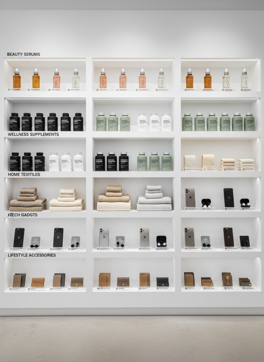A precision-organized white shelving wall divided into clear sections, each dedicated to a product category: labeled glass jars of beauty serums, orderly stacked wellness supplements in matte bottles, neatly folded neutral-toned home textiles, slim tech gadgets with metallic finishes, and minimalist lifestyle accessories in soft leather. Each shelf has a small, clean acrylic label with concise specs and icons beneath every item. The environment resembles a contemporary showroom with a light concrete floor and a large window out of frame. Even, soft photographic studio lighting creates minimal reflections and clear shadows, emphasizing legible details. Captured straight-on at eye level with sharp focus across the frame, the composition uses a grid-like structure to convey clarity, global organization and authoritative product information.