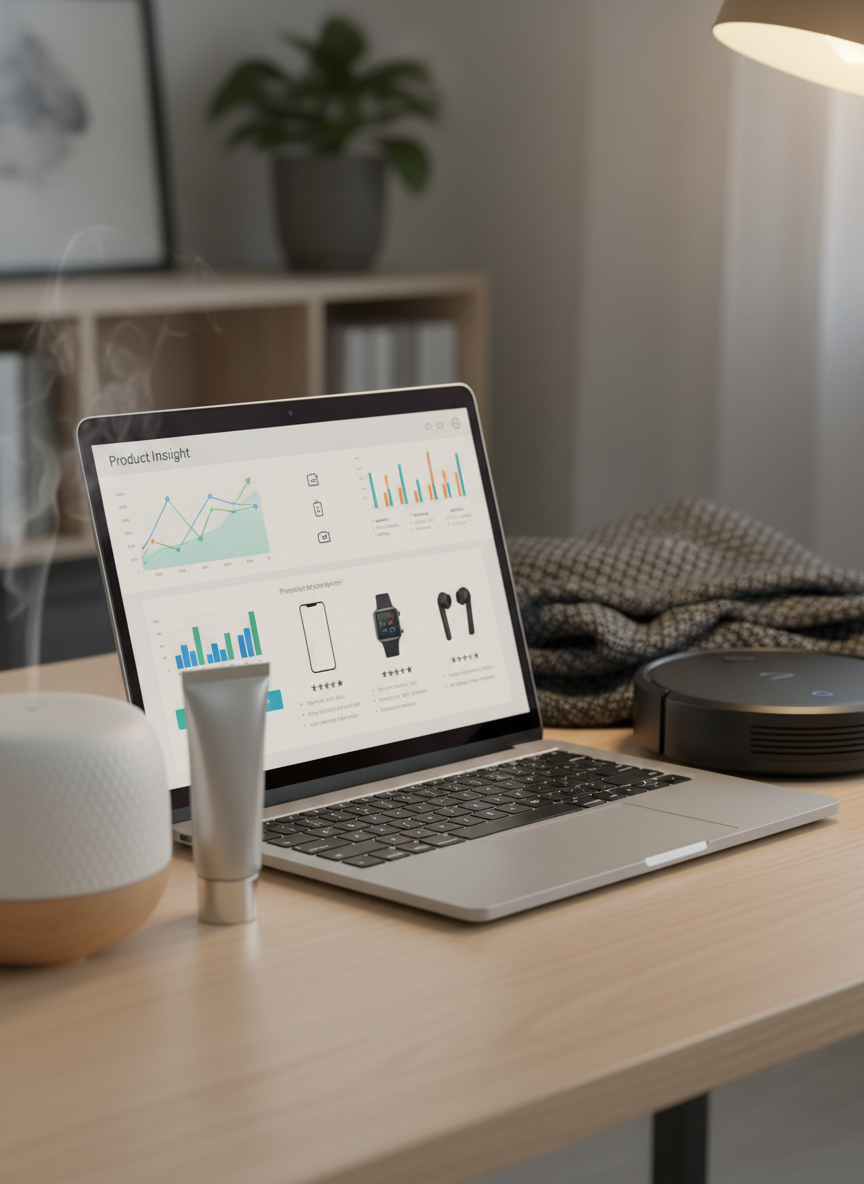 A close-up photographic view of a slim, brushed aluminum laptop on a smooth light-wood desk, its screen showing a stylized product insight dashboard with graphs, spec icons and a side-by-side comparison of three gadgets. Surrounding the laptop are physical product samples: a textured ceramic diffuser, a satin-finish skincare tube, a compact robotic vacuum and a folded charcoal-gray throw blanket with visible weave detail. Cool, diffused daylight enters from the left, balanced by subtle warm desk-lamp glow from the right, creating dimensional highlights on metal and glass surfaces. Shot at a low, oblique angle with the laptop keyboard in the foreground and a gentle bokeh background of neutral office decor, the mood is analytical yet inviting, suggesting informed buying decisions supported by clear, professional data.