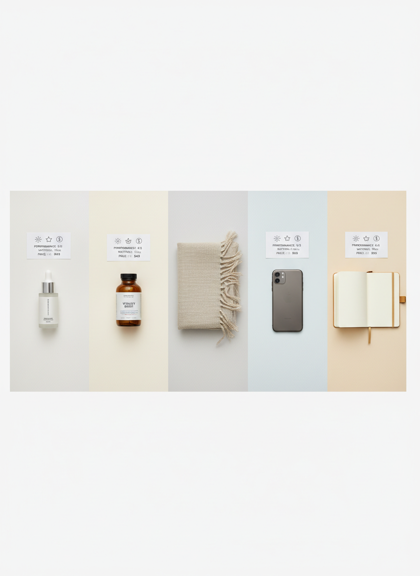 A clean, overhead photographic composition of a segmented white background divided into five subtle tonal panels, each hosting a single hero product that represents a category: a frosted glass serum bottle with a metallic dropper for beauty, an amber wellness supplement bottle with a minimalist label, a folded textured linen throw for home, a slim graphite smartphone with dual cameras for tech, and a soft-grain leather notebook for lifestyle. Next to each item sits a small, printed spec card with icons for performance, materials and price indicators. Soft, even top-down studio lighting eliminates harsh shadows, creating a crisp, catalog-like appearance. The mood is precise, global and editorial, evoking a professional product guide where details, quality and comparison are the core focus.